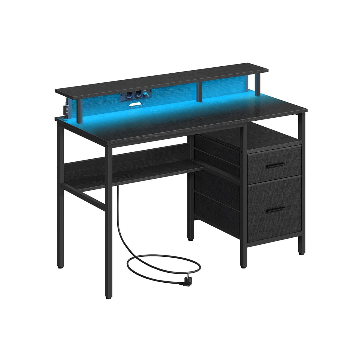 “Black Ebony Desk with Drawers and Power Outlets”