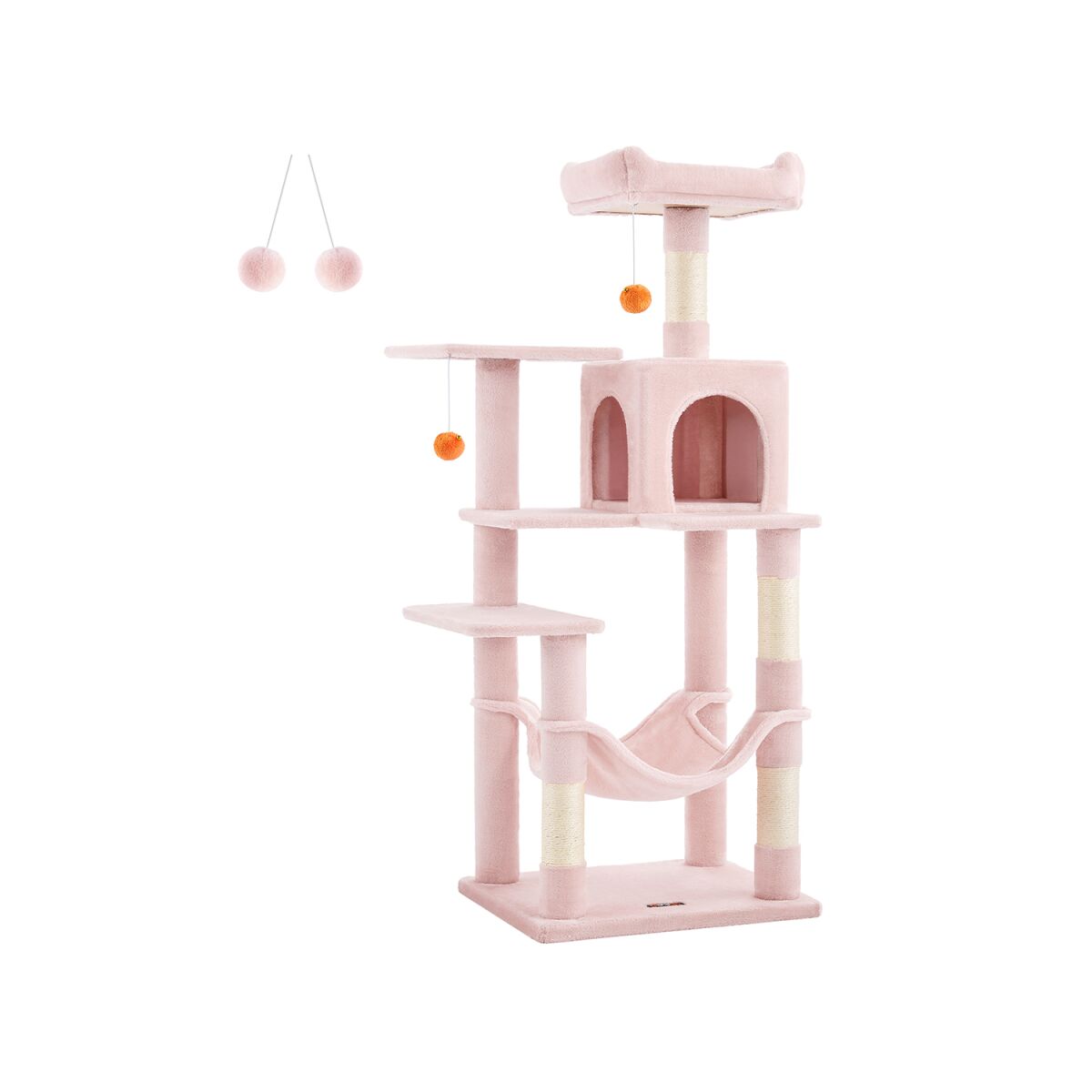 Scratching Post 143 cm Tall with 2 Platforms and Hammock in Pastel Pink