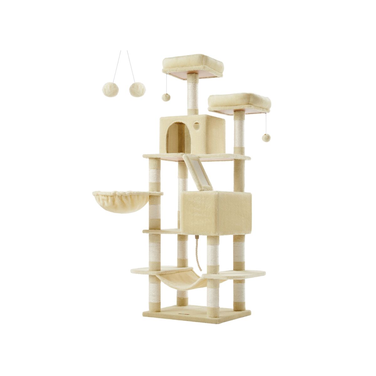 Large Cat Tree with 2 Platforms and Plush Balls in Beige